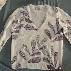LOFT White and Purple Paisley V-Neck Sweater